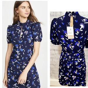 Sellf Portrait botanical printed mini dress Sz 8 short sleeve navy cocktail A15C